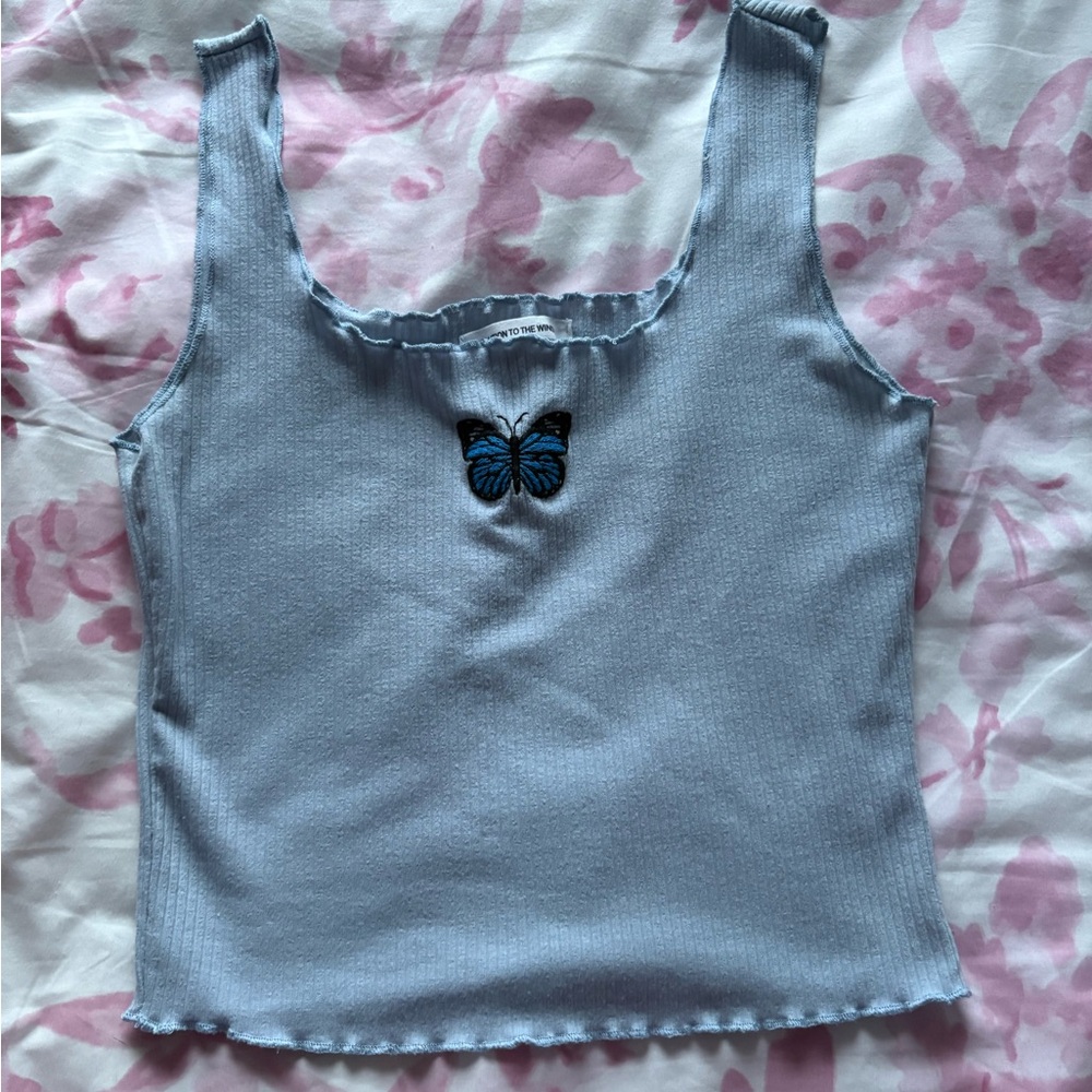 Caution To The Wind Blue Top with Butterfly Detail